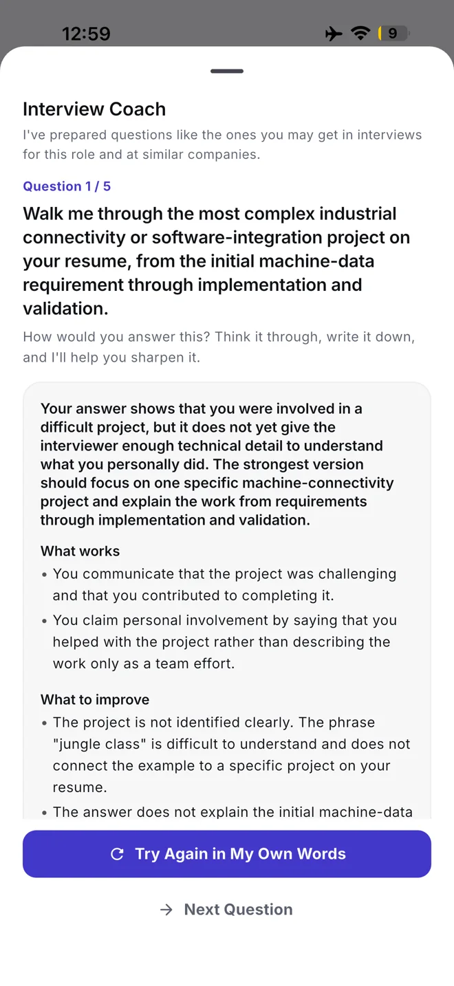 Velora Resume interview coach screen showing answer feedback