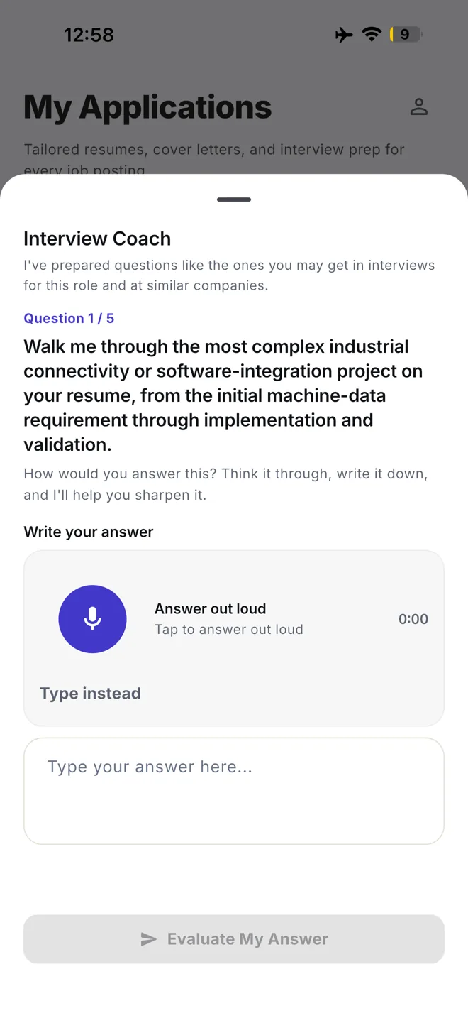 Velora Resume interview practice screen showing a role-specific question